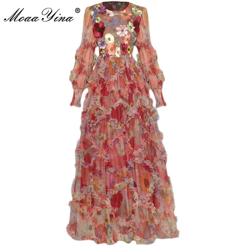 MoaaYina Fashion Designer dress Autumn Women Dress Lantern sleeve Ruffle Flower Embroidery Maxi Vacation Dress