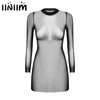 Womens Ladies Sexy Mesh Sheer Clubwear Mini Dress Bodycon Hollow Out See Through Sexy Dress Long Sleeve Party Costumes Cover Up