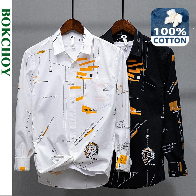 Spring New Men Print Pure Cotton Shirts Long Sleeve Button Up Mathematical Formula Handsome Loose Pocket Workwear L853