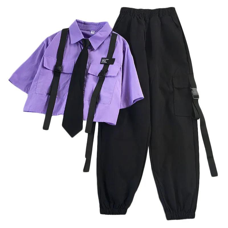 2023 printemps Streetwear pantalon taille haute ruban droit Cargo pantalon étudiant ample chemise à manches courtes avec cravate ensemble deux pièces