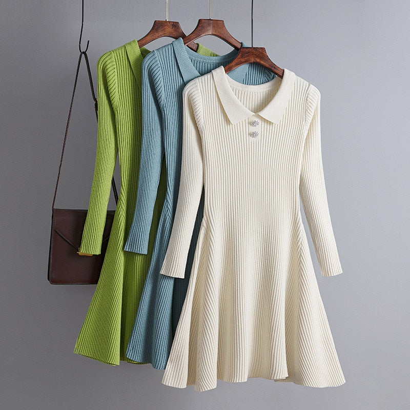 Diamond Autumn Winter thick Sweater Dress Women A Line peter pan collar mini Dress female girl Knit short bodycon Knit dress