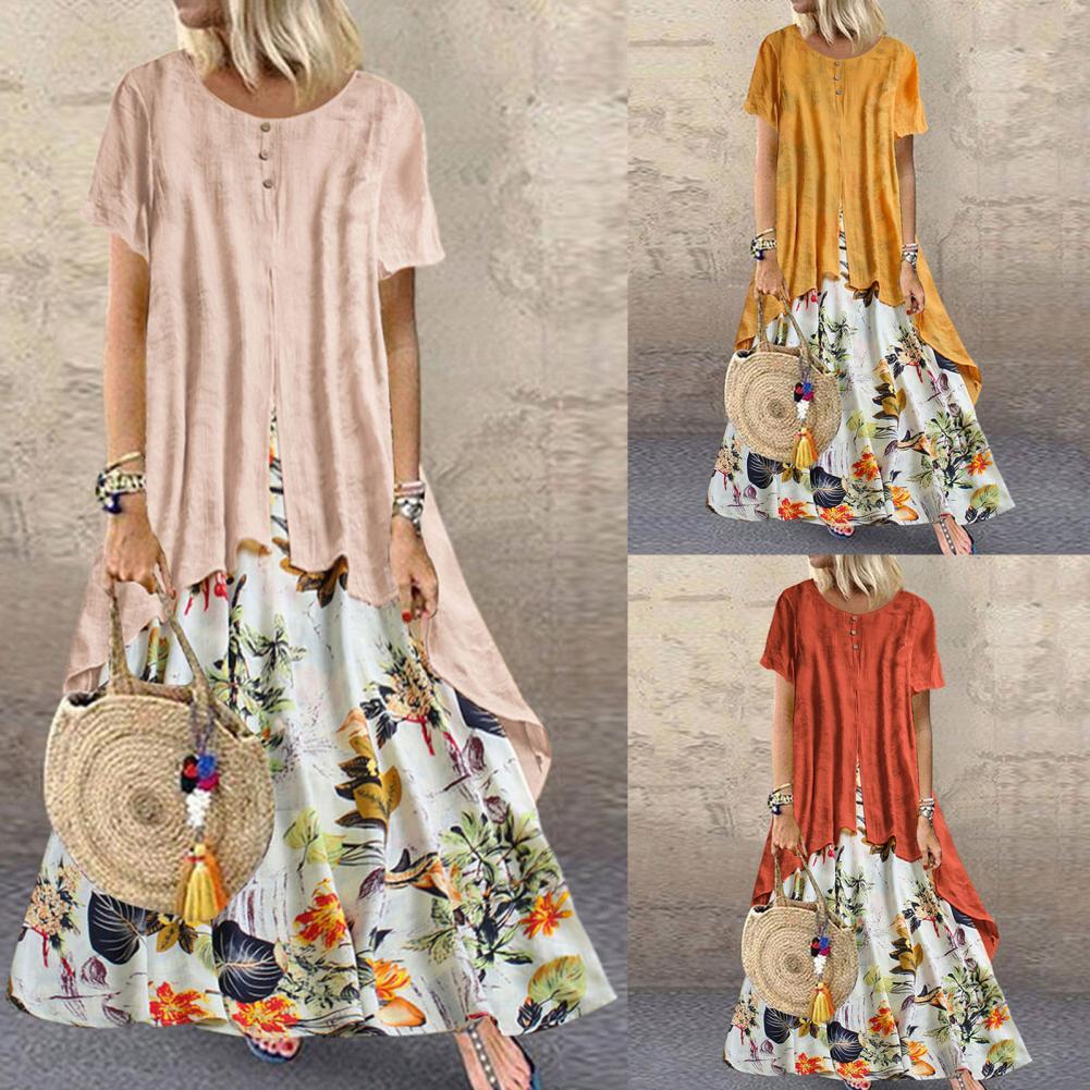 Hot Sales!!!Women Dress Floral Print Breathable Linen Blend Pacthwork Long Dress for Holiday