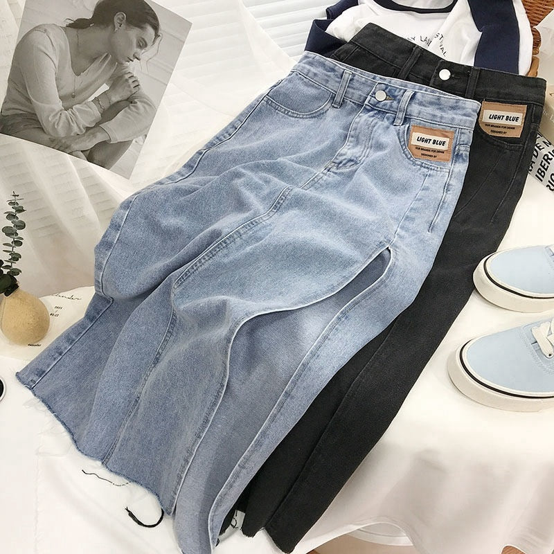 Mode femmes Denim jupe 2022 été nouvelle taille haute fente latérale Jean mi-mollet jupes femme couleur unie décontracté a-ligne bas