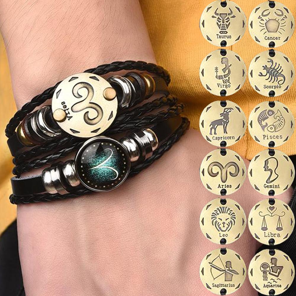 2 pièces/ensemble 12 Bracelets Constellation breloque lumineuse Bracelet en cuir zodiaque Horoscope tressé Bracelet hommes femmes bijoux poignet cadeau