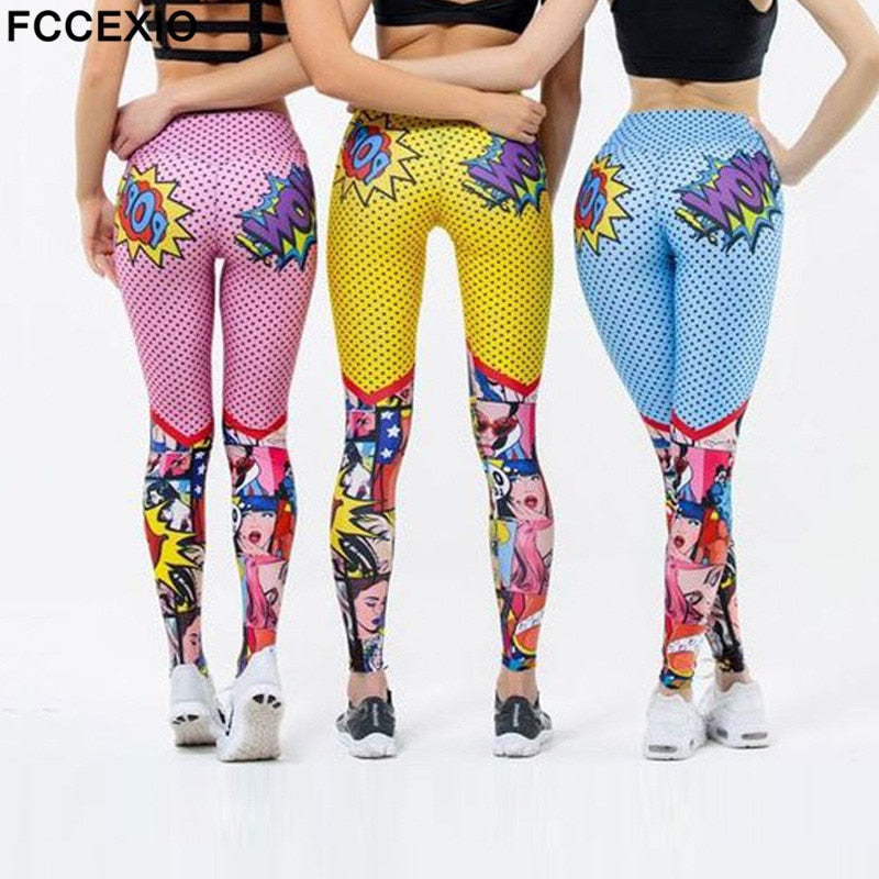 FCCEXIO nouvelles femmes drôle dessin animé Leggings taille haute impression pantalons longs femme entraînement Patchwork jegging sport Fitness Legging