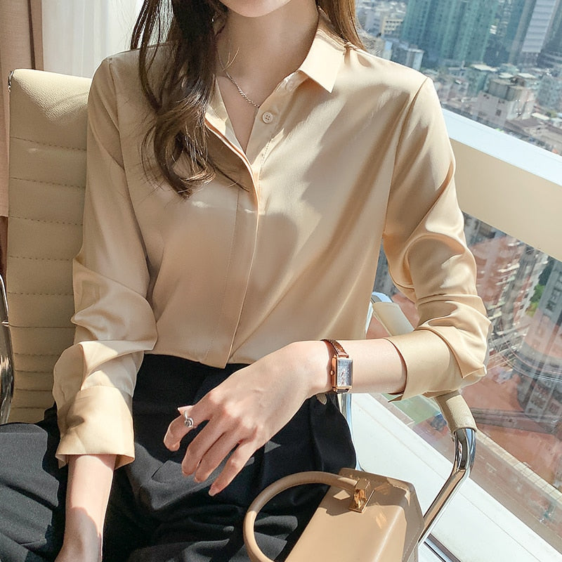 QOERLIN 8 Colors Women Satin Blouse Long Sleeve Single-Breasted Turn-Down Collar Solid Work Wear White Champagne White S-2XL Top