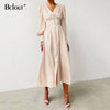 Bclout Elegant Satin Single-Breasted Shirt Dress Fashion Beige Slim V Neck Long Dresses Woman Latern Sleeve Autumn Winter Robe