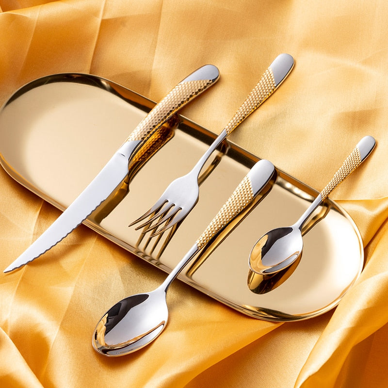 Fashion Golden Dinnerware Set 18/10 Stainless Steel Dinner Knife Fork Cutlery Set Service Silverware Flatware Drop Shipping