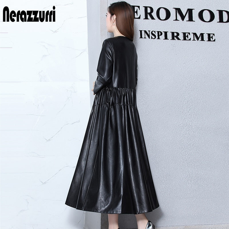 Nerazzurri Spring Casual Long Leather Dress Women Red Gray Black Maxi Elegant Pleated Faux Leather dress long sleeve Fall 2021