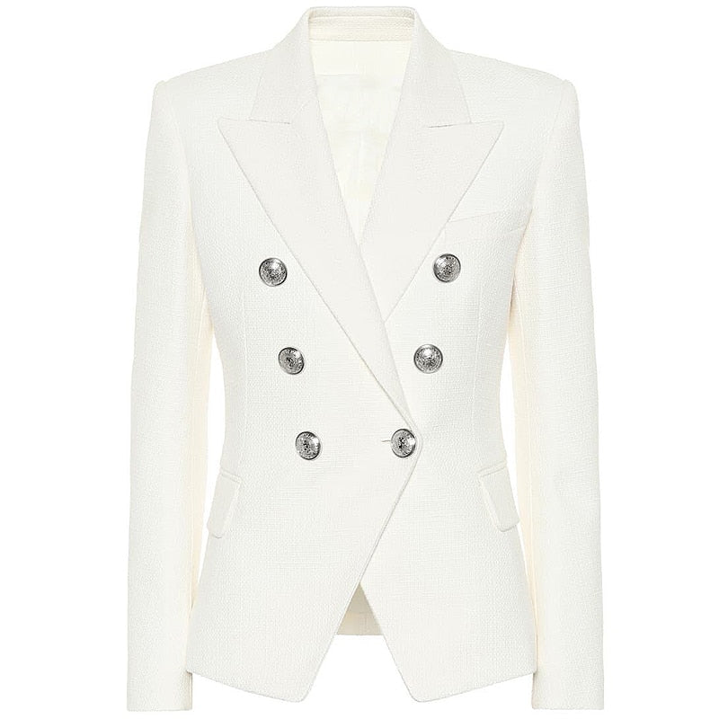 HIGH STREET Classic Designer Blazer Women's Double Breasted Metal Lion Silver Buttons Pique Blazer Jacket