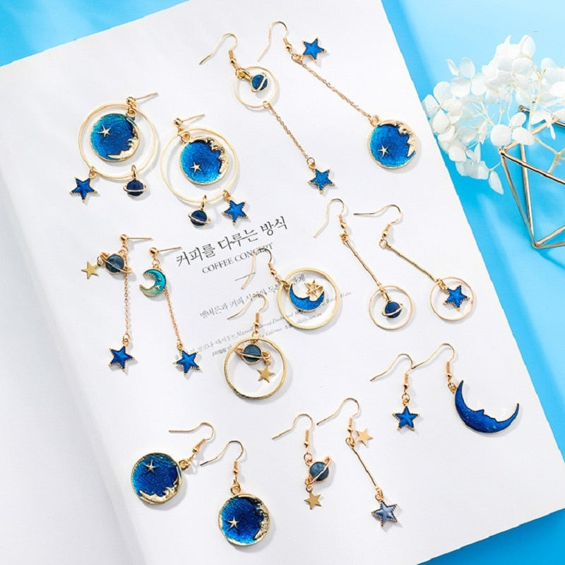 New Fashion Blue Space Universe Moon Star Earrings For Women Gold Color Universe Planet Circle Asymmetry Long Earrings