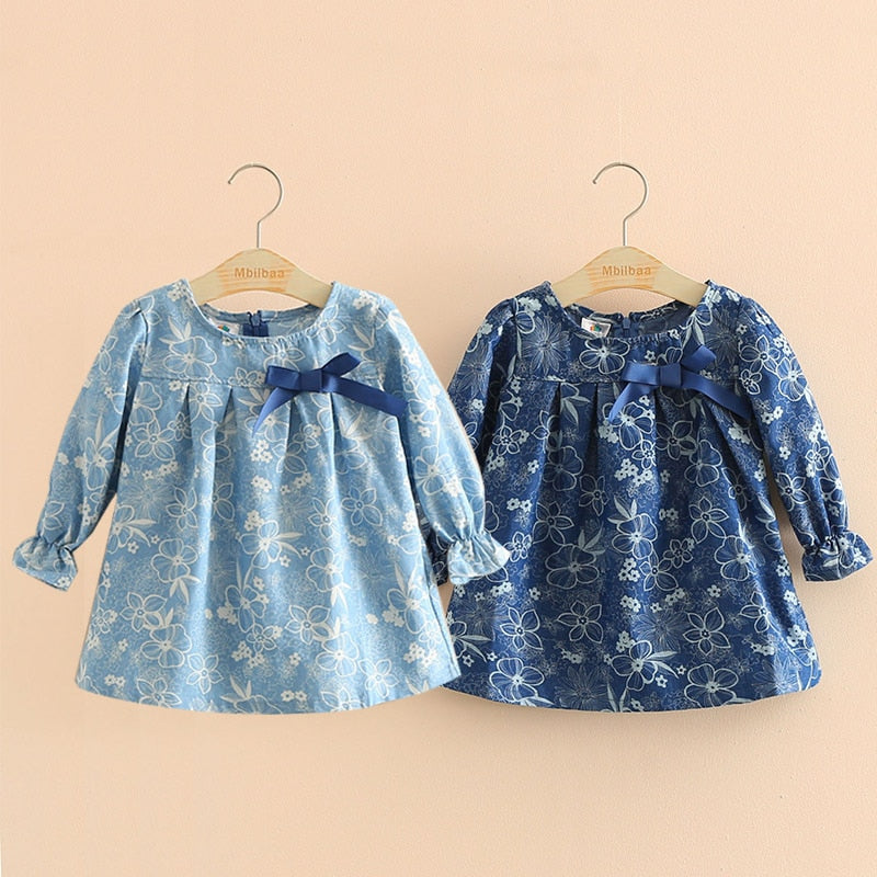 Spring Autumn 2-10T Years Child Kids Birthday Gift O Neck Long-Sleeve Flower Print Denim Blue Colour Bow Cute Girls Shirt