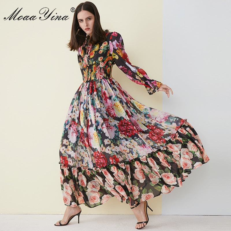 MoaaYina High Quality Women&#39;s Summer Beach Chiffon Ruffled collar Dress Elegant Elasticity Waist Print Runway Maxi Long Dress