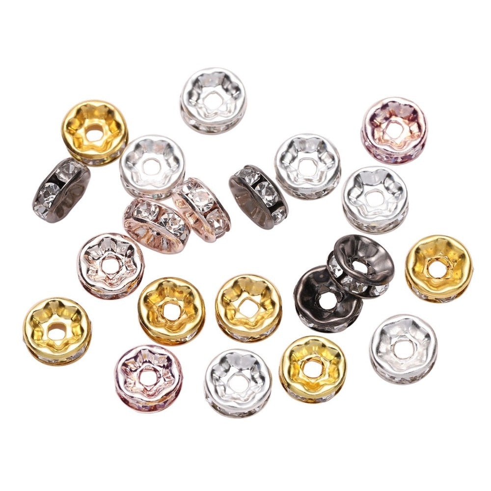 50pcs/lot 4 6 8 10mm Gold Color Rhinestone Rondelles Crystal Bead Loose Spacer Beads for DIY Jewelry Making Accessories Supplie