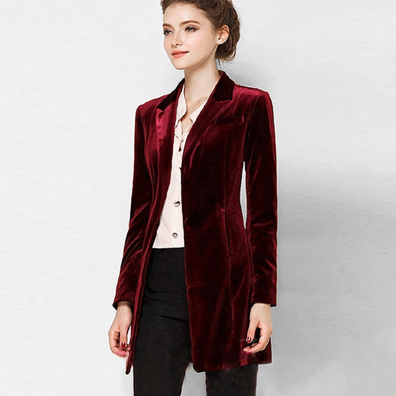 New Female High Quality Chic Tops Europe women&#39;s velvet blazer Slim Fit Long OL jacket Ladies Blouses Suit Coat Free Shipping