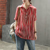 New Summer Women Shirt Short Sleeve Loose Casual Ladies Tops Striped Cotton Linen Vintage Female Blouse D4