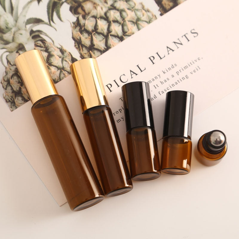 6pcs 1ML 2ML 3ML 5ML 10ML Amber Roll On Roller Bottle for Essential Oils Refillable Perfume Bottle Deodorant Containers