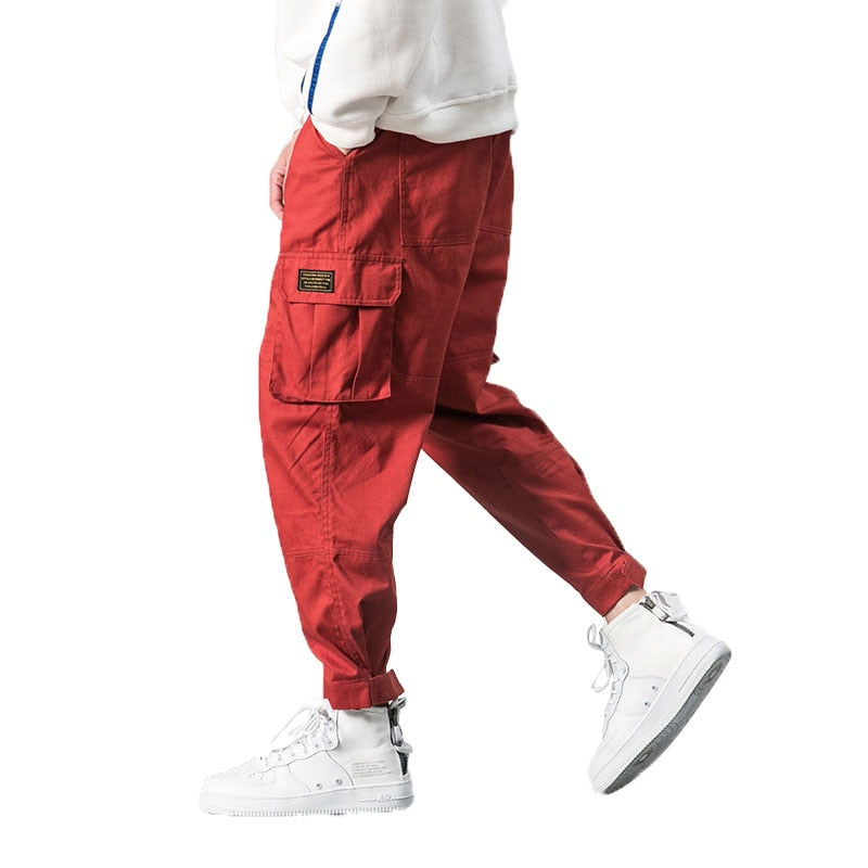 Men Multi-pocket Elastic Waist Design Harem Pant Street Punk Hip Hop Red Casual Trousers Joggers Male Army Cargo Pants 5XL