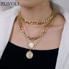 ZOVOLI Punk Gold Color Portrait Coin Pendant Necklace For Women Cuban Multilayered Chunky Thick Chain Necklaces Gothtic Jewelry