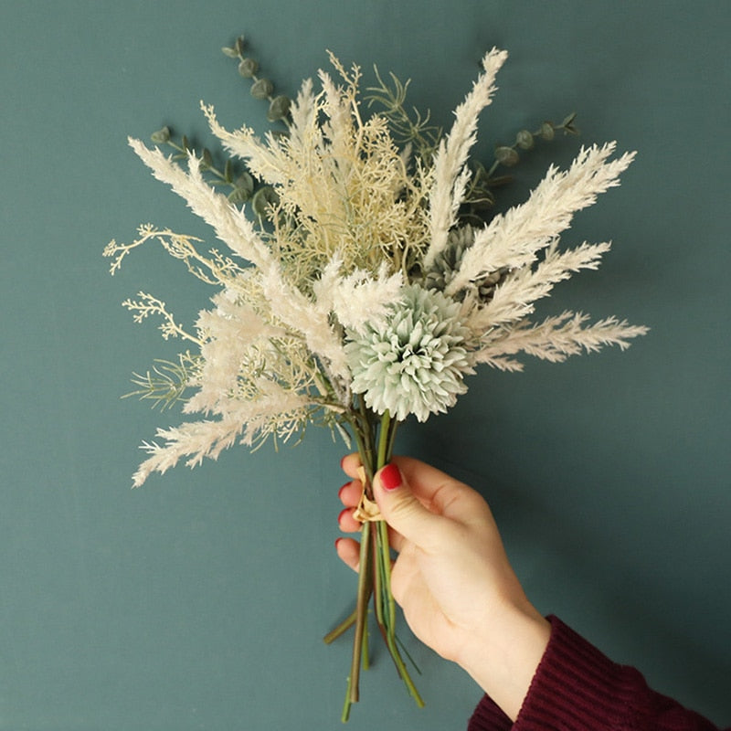 NEUE weiße künstliche Blumen-Qualitäts-Seiden-Löwenzahn-Plastikeukalyptus-Hybrid-Blumenstrauß-Hochzeits-Ausgangsdekoration-Fälschungs-Blume