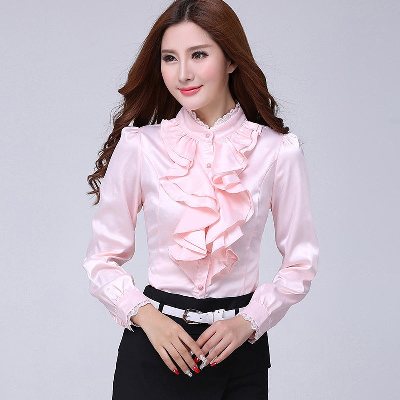 Blouse shirt Women Fashion Blouses Pink Casual Shirts Elegant Ruffled Collar White Office Female Clothing Spring Tops