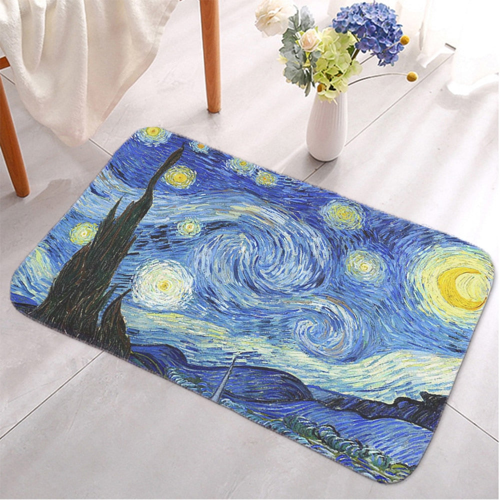 Neue Van Gogh Ölgemälde Fußmatte Küche Toilette Bad Bodenmatte Retro Kunst Sonnenblume Sternennacht Flur Eingang Anti-Rutsch-Teppich