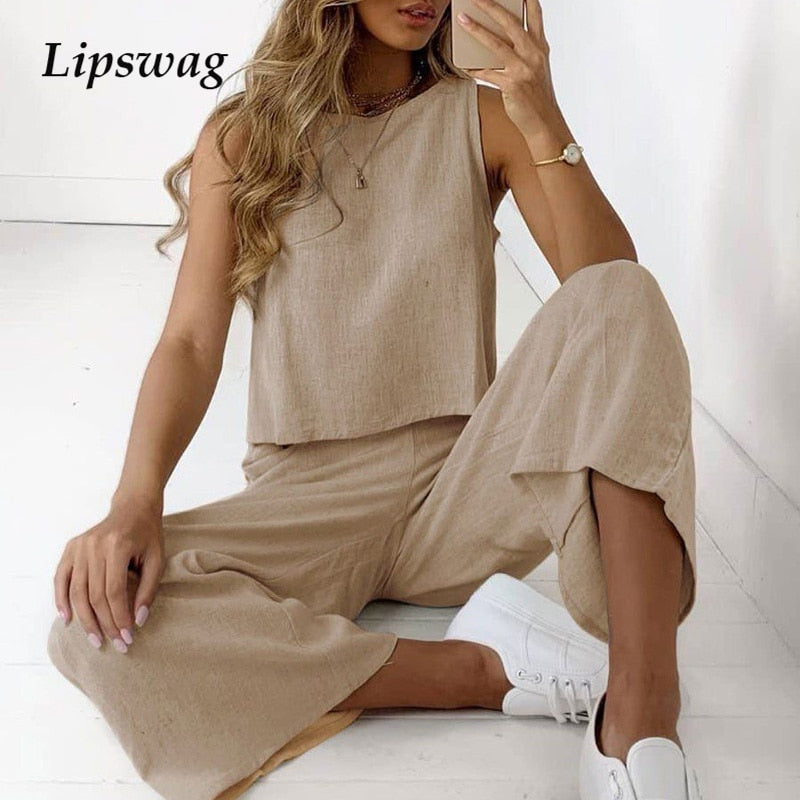 Spring Summer Women Cotton Linen Set Casual Sleeveless O-neck Shirt and Loose Pants Suits Spring Summer Solid Two Piece Sets 3XL