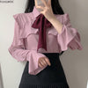 Ruffled Bow Tie Top Autumn Basic Office Lady Work Wear Flare Sleeve Cute Women Single Breasted Button Solid White Shirts Blouses