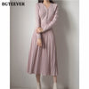 BGTEEVER Elegant Autumn Knitted Pleated Dress V-neck Belted Single-breasted Women Sweater Midi Dress 2021 A-line Vestidos