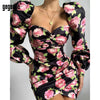 Gagaopt Square Collar Floral Print Sexy Backless Dress Chic Fashion Strapless Button Puff Sleeve Mini Dresses Fall