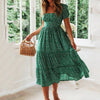 Vintage Print Puff Sleeve Dress Women Summer 2020 New Sweet Casual Square Collar Green Floral Print Long Dresses Slim Vestidos