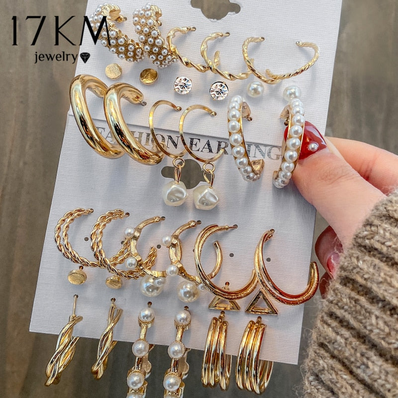 17KM Pearl Hoop Earrings Set For Women Geometric Metal Gold Color Butterfly Circle Hoop Earrings Trendy Jewelry Fashion Earring