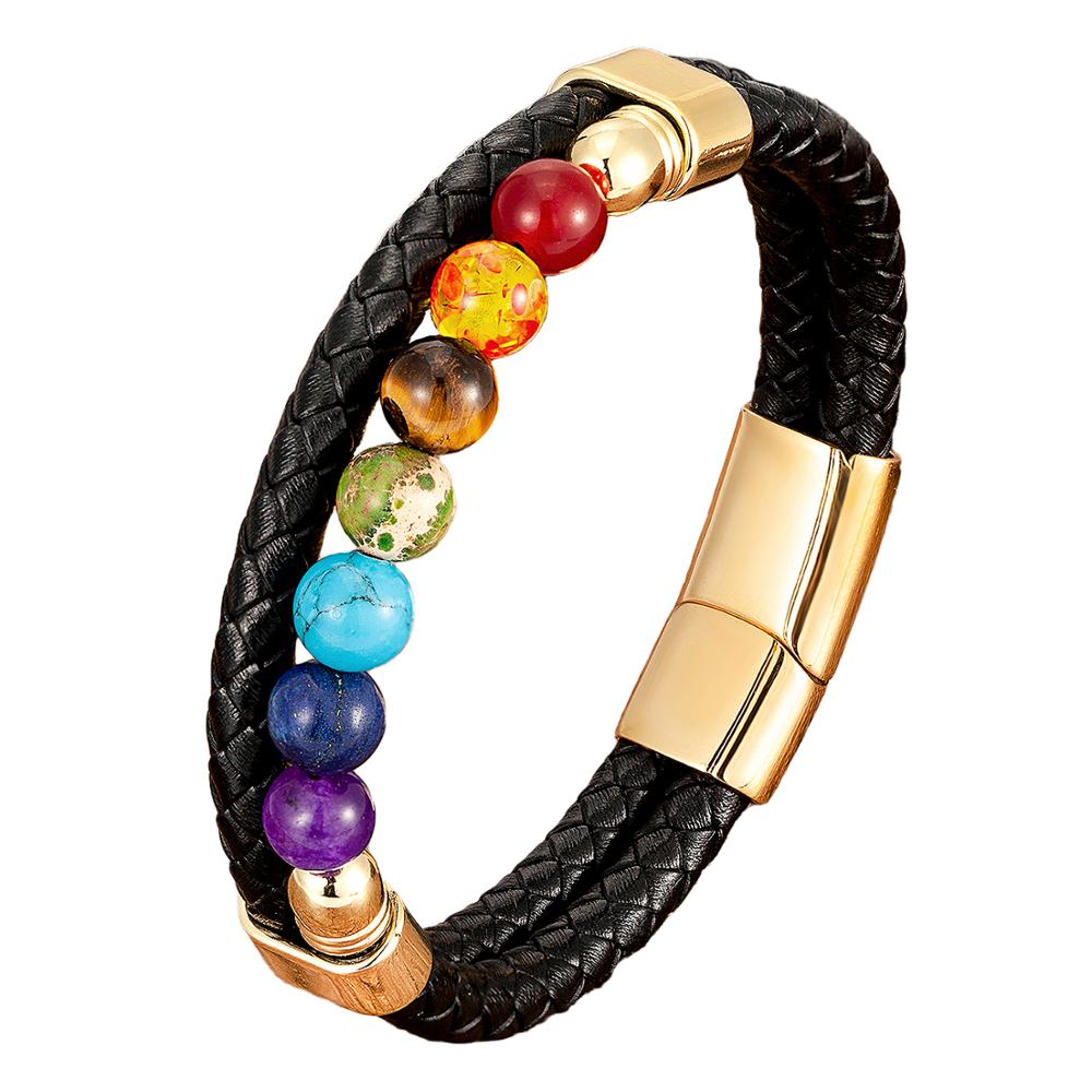 Naturel rond Chakra perle pierre hommes Bracelet classique noir en cuir véritable acier inoxydable bracelets femmes 2020 bijoux de mode