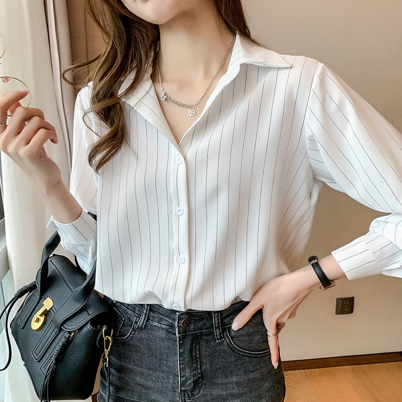 Fashion Woman Blouses 2023 Chiffon Long Sleeve Shirt Tops Woman White Blouse Shirts Striped Top Pretty and Cheap Women&#39;s Blouses