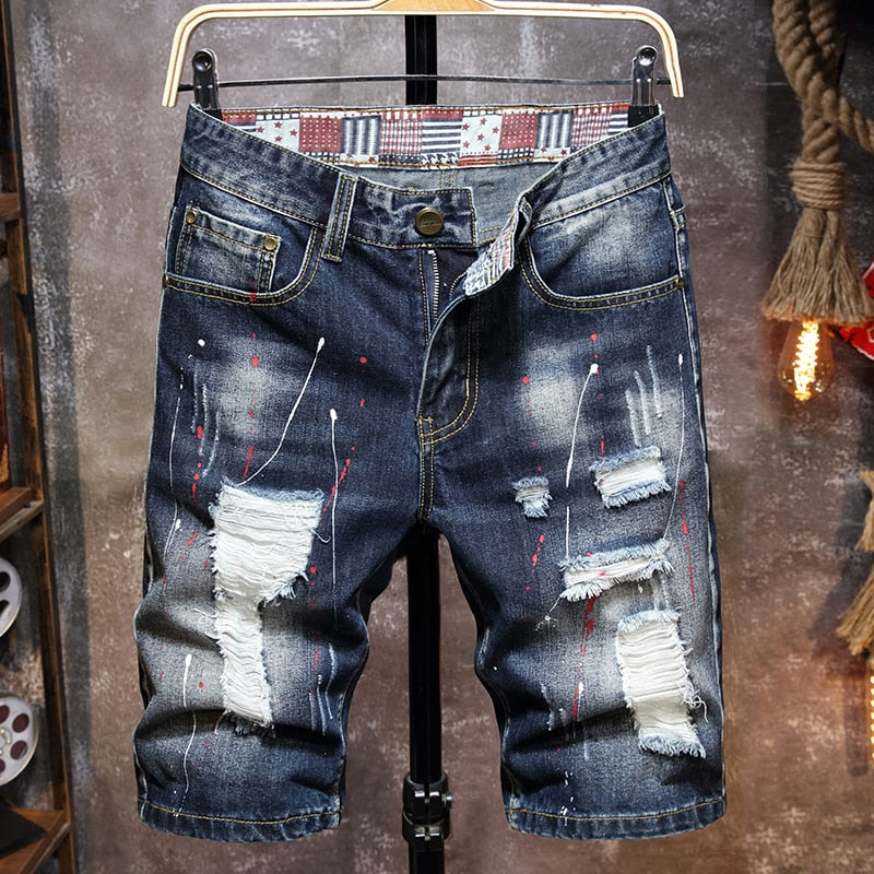 Men's Graffiti Ripped Short Jeans 2023 Summer New Fashion Casual Slim Big Hole Retro Style Denim Shorts Male Brand Clothes