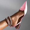 Shiny Crystal Flat Heels Gladiator Sandals Women 2023 Summer Pointed Toe Pink Party Shoes Woman Plus Size 42 Ankle Straps Pumps