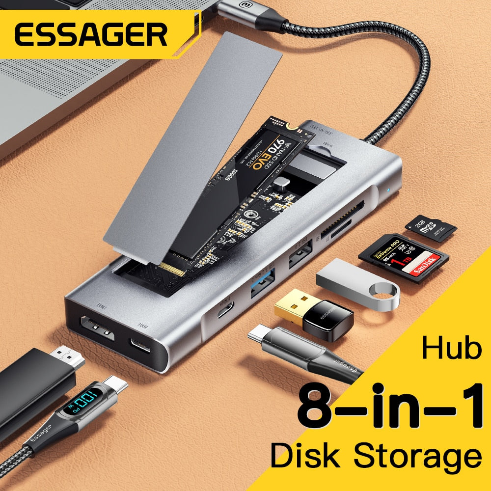 Essager 8 in 1 USB Hub With Disk Storage Function USB Type c to HDMI-Compatible Laptop Dock Station For Macbook Pro Air M1 M2