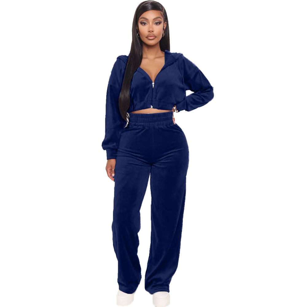 Solid Velvet Two Piece Sets Women Hoodie Crop Jacket 2 Piece Joggers Pants Outfits Velour Jogging Suits Trousers juicy Tracksuit