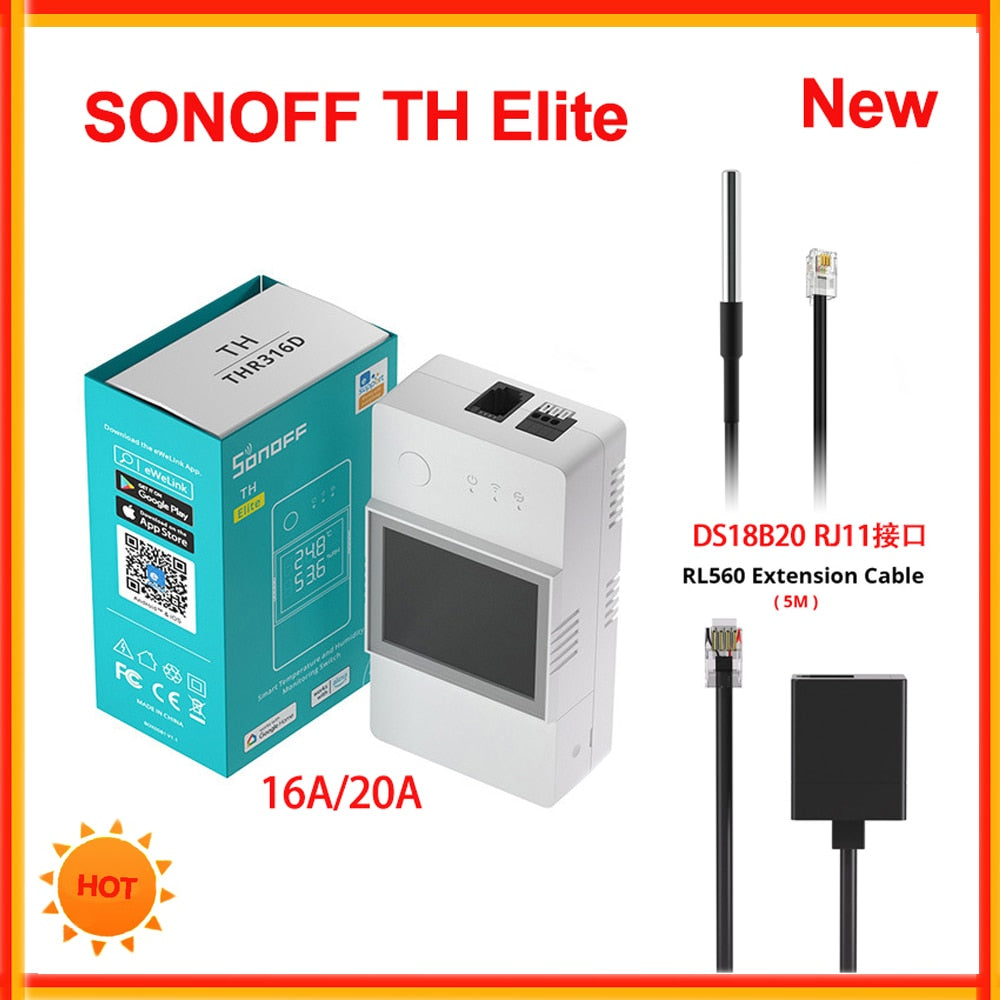 SONOFF TH Elite 16A 20A Wifi Smart Temperature and Humidity Monitoring Switch THS01 DS18b20 Sensor Smart Home Via eWelink Alexa