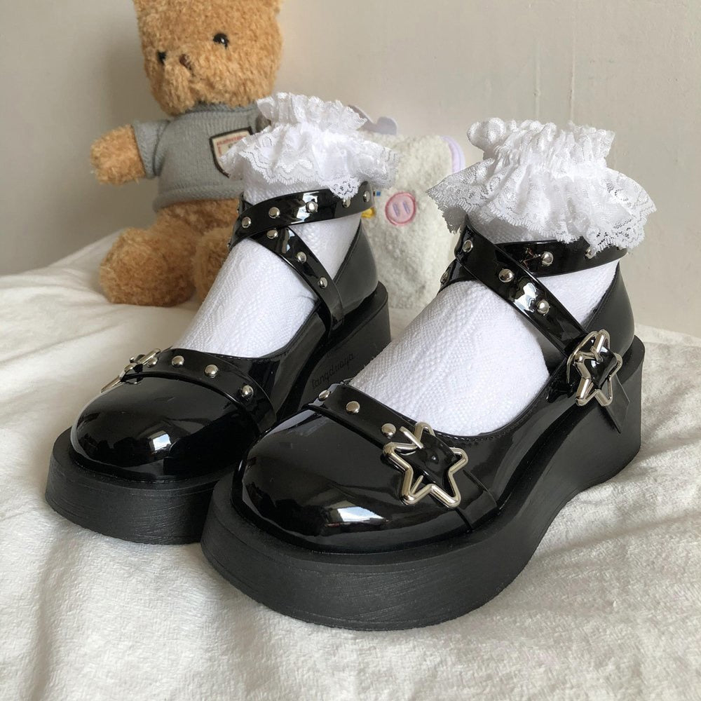 Women heels Lolita shoes platform mary jane Shoes Star Buckle Strap Mary Janes Women Cross-tied Girls Rivet Casual Shoes kawaii