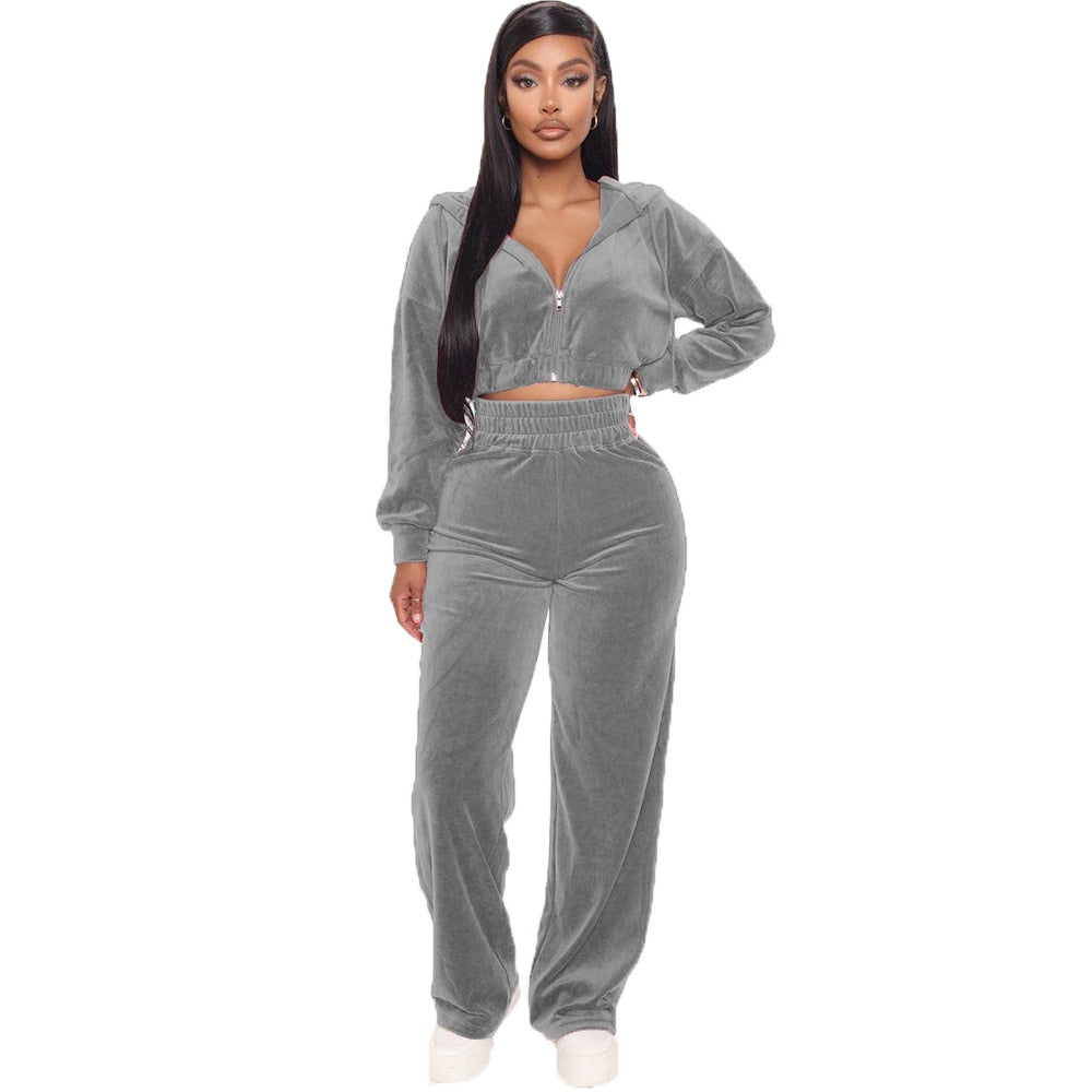 Solid Velvet Two Piece Sets Women Hoodie Crop Jacket 2 Piece Joggers P –  Ubenio