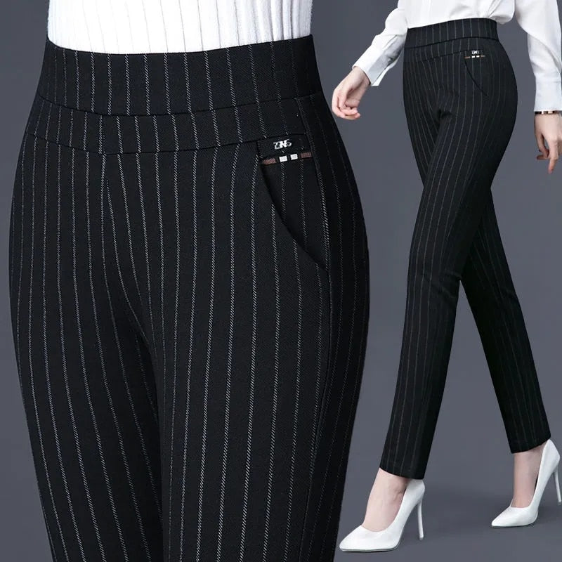 Printemps automne femmes d'âge moyen taille élastique décontracté pantalon droit femme pantalon dame rayure crayon pantalon noir pantalon 5XL1833