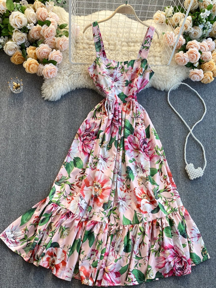 Summer Seaside Holiday Dress Temperament Square Collar Slim Mid-length Ruffled Large Swing Print Suspender Dress UK865