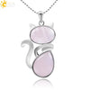 CSJA Reiki Natural Stone Necklaces Pink Quartz Pendants for Women Girl Cute Cat Shape Rock Black Onyx Beads Chain Jewelry F066