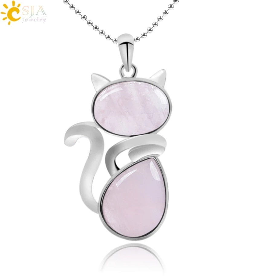 CSJA Reiki Pierre Naturelle Colliers Rose Quartz Pendentifs pour Femmes Fille Mignon Chat Forme Rock Noir Onyx Perles Chaîne Bijoux F066