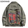 GONTHWID Hip Hop Denim Jacket Streetwear Mens Vintage Painting Ripped Jean Coats Harajuku Autumn Cotton Jackets Green Khaki