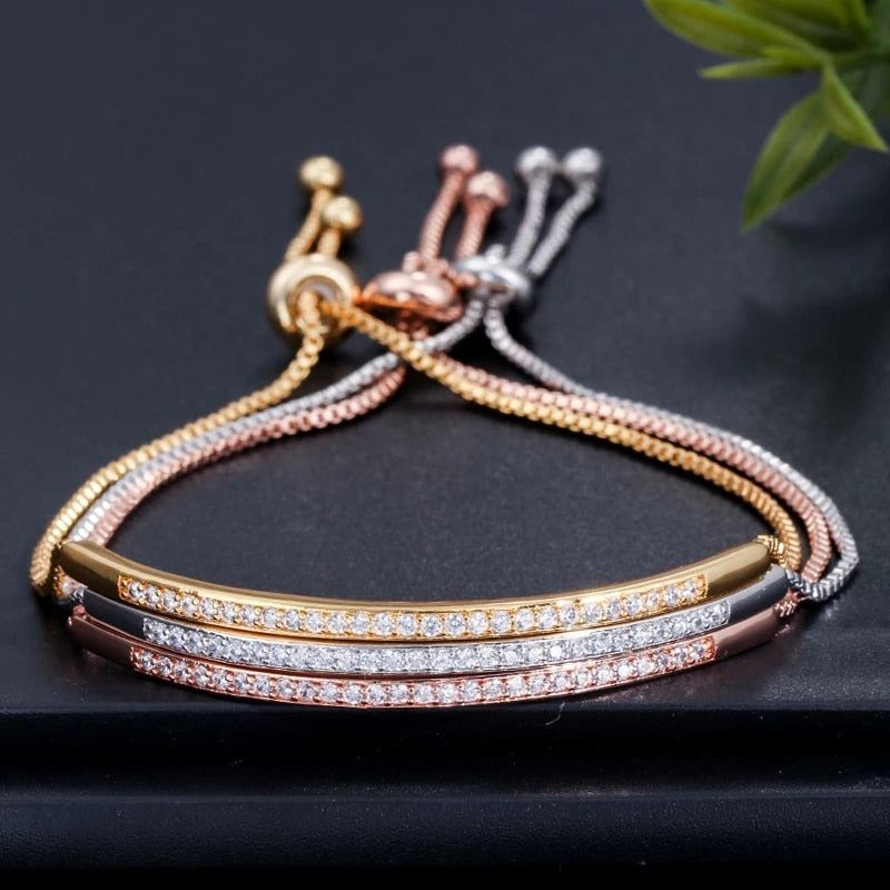 CWWZircons Adjustable Bracelet Bangle for Women Captivate Bar Slider Brilliant CZ Rose Gold Color Jewelry Pulseira Feminia CB089