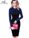 Nice-forever Elegant Vintage Fitted winter dress full Sleeve Patchwork Turn-down Collar Button Business Sheath Pencil Dress b238