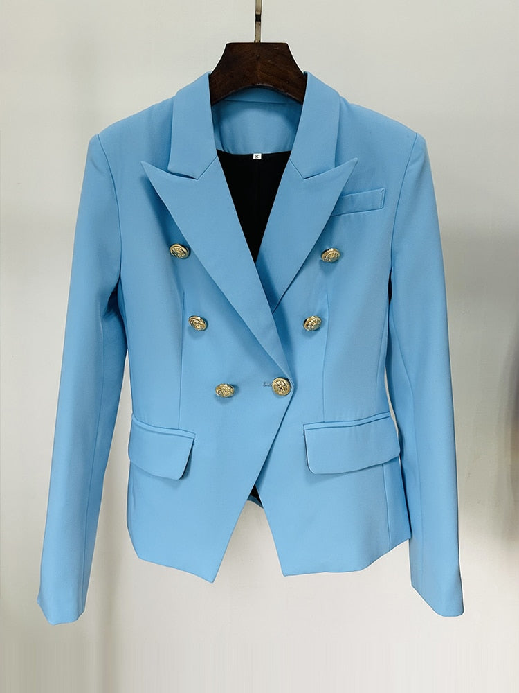 HIGH STREET Newest Designer Jacket Fashion Women's Classic Slim Fitting Double Breasted Lion Buttons Blazer Baby Blue