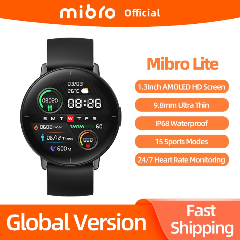 Mibro Lite Smartwatch Global Version 1.3Inch AMOLED HD Display IP68 Waterproof App Control Fitness Monitoring Bluetooth Watch